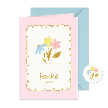 Vrolijk geboortekaartje met roze rand en bloemetjes